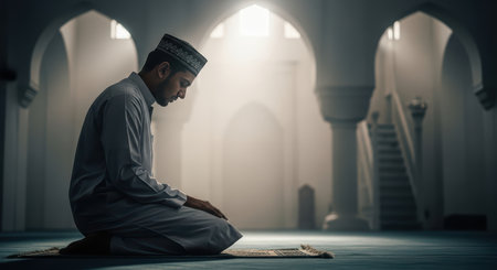Young muslim male praying in mosque: spiritual devotion in serene atmosphereの素材