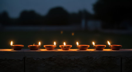 Row of clay oil lamps illuminating a tranquil evening outdoorsの素材