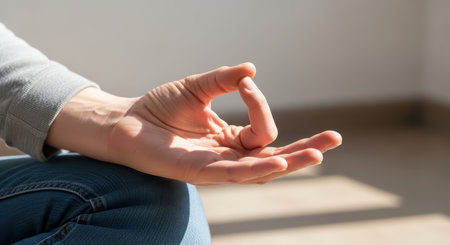 Close-up of hand in meditation gesture on sunny dayの素材