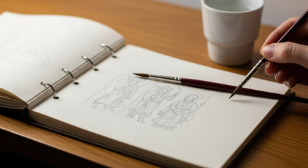 Sketching religious figures in notebook with brush and pencilの素材