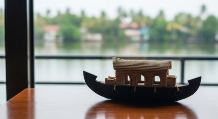 Miniature kerala houseboat replica on wooden table by lakesideの素材