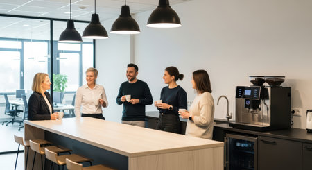 Office coffee break with diverse adults in modern kitchen settingの素材