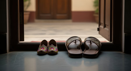 Traditional footwear on doorstep: child's jutti and adult sandals in indian homeの素材