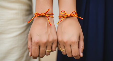 Close-up of women wearing friendship bracelets with red and yellow strings on handsの素材