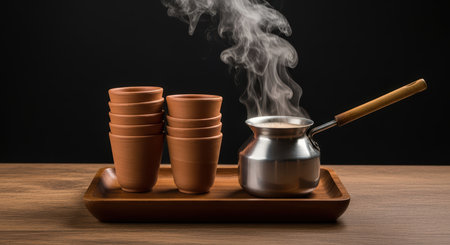 Steam rising from stainless steel coffee pot with clay cups on wooden trayの素材
