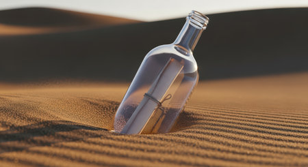 Message in a bottle on desert sand dunes at sunsetの素材