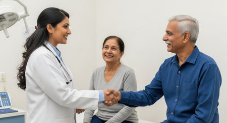 Female asian doctor with mature asian patients in medical consultation settingの素材