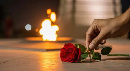 Hand placing red rose at eternal flame memorial ceremony at nightの素材