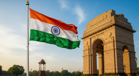 Indian flag waving near historic india gate on a clear day in new delhiの素材