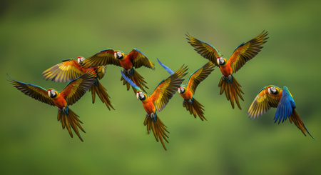 Vibrant macaws in flight against lush greeneryの素材