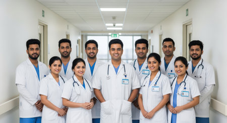 Group of male and female asian young adults in medical uniforms smiling in hospital corridorの素材