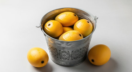Fresh yellow mangoes in decorative metal bucket on white surfaceの素材
