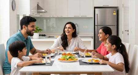 Happy family enjoying meal together in modern kitchen settingの素材