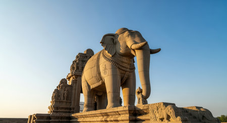 Majestic stone elephant statue at sunrise with intricate carvingsの素材