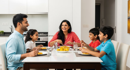 Happy asian family enjoying dinner together at home in a modern kitchenの素材