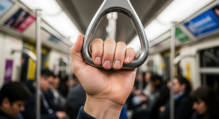 Close-up of hand holding onto subway handrail inside crowded trainの素材