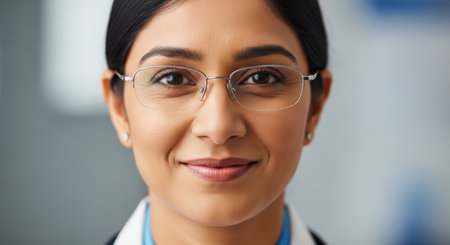 Confident asian female doctor wearing glasses smiling in a professional settingの素材