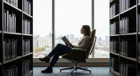 Young caucasian female in library reading by window with city viewの素材
