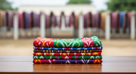 Vibrant stacked fabrics on table with colorful patterns outdoorsの素材