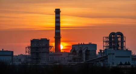 Industrial plant at sunset with silhouette of chimneys and structuresの素材
