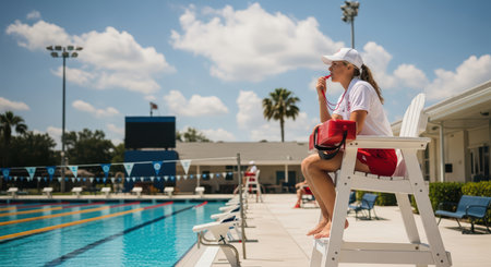 Female lifeguard overseeing a pool under sunny skies at an outdoor swimming facilityの素材