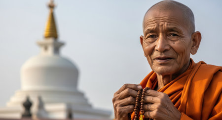 Elderly asian male monk with prayer beads in front of buddhist stupaの素材