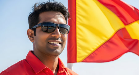 Hispanic male lifeguard in sunglasses smiling by beach flag on a sunny dayの素材