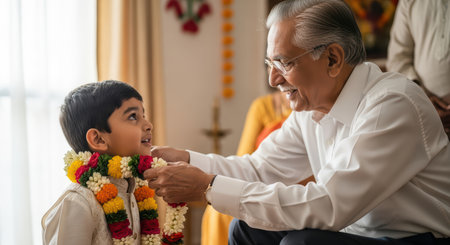Elderly caucasian male gifting floral garland to young asian boy in traditional ceremonyの素材
