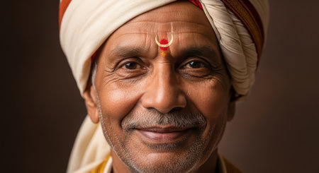 Elderly man with turban smiling in traditional attireの素材