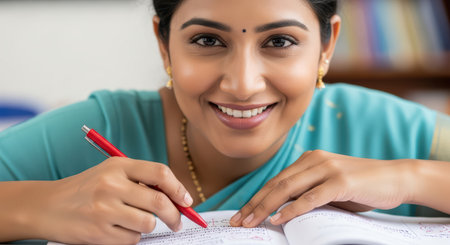 Smiling indian female teacher writing notes in classroomの素材