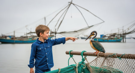 Young caucasian boy interacts with colorful kingfisher on fishing nets by boatsの素材