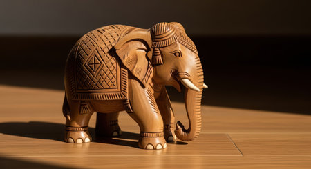 Intricately carved wooden elephant statue in sunlight on wooden floorの素材
