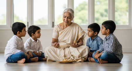 Elderly asian woman sharing stories with young boys in traditional settingの素材