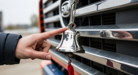 Hand touching metallic truck bell on grill close-upの素材