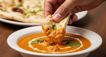 Delicious butter chicken with naan and creamy sauce close-upの素材