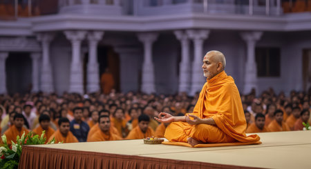 Mature asian male monk meditating on stage in orange robe at spiritual gatheringの素材