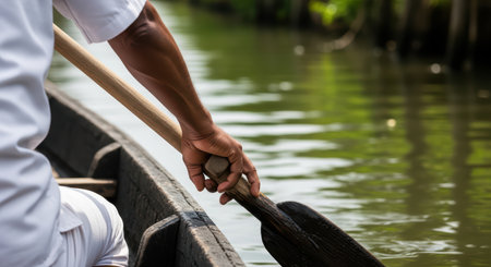 Close-up of male rowing on calm water with wooden paddleの素材