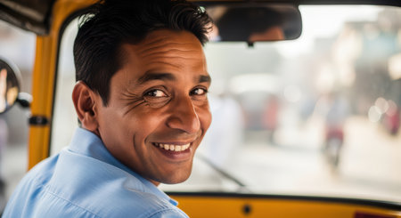Smiling asian male auto rickshaw driver in busy urban streetの素材