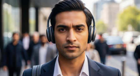 Confident young asian male listening to music in city streetの素材