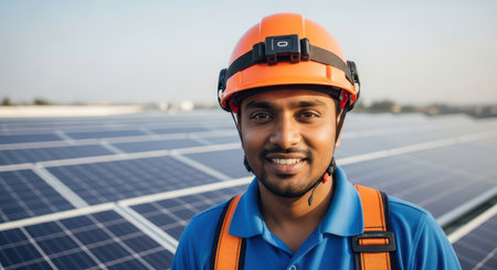 African male engineer in orange helmet at solar panel facility smiling confidentlyの素材