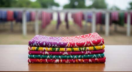 Colorful folded ikat fabrics on wooden table in outdoor settingの素材