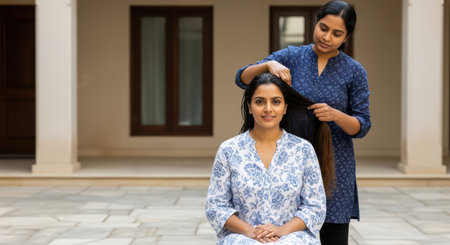 Asian women engaged in hair styling in courtyard settingの素材