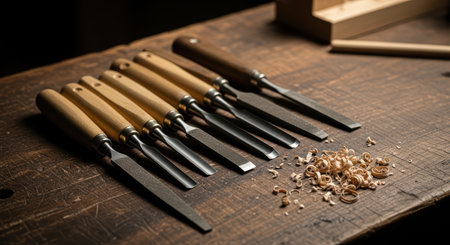 Woodworking chisels on wooden table with shavings in workshop settingの素材