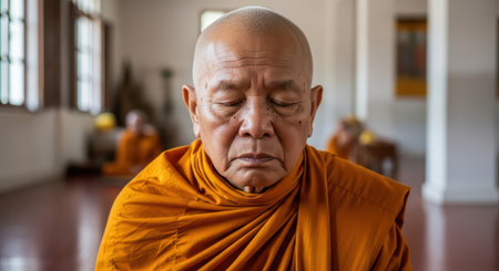 Elderly asian male monk meditating in tranquil temple settingの素材