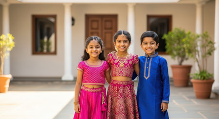 Smiling indian children in traditional clothing outdoorsの素材