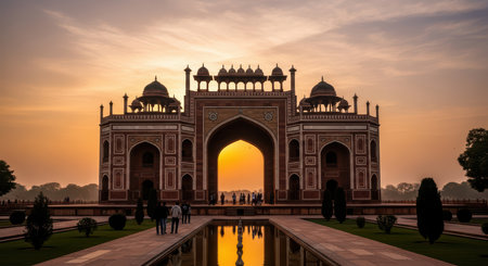Historic indian architecture at sunrise with reflective water poolの素材