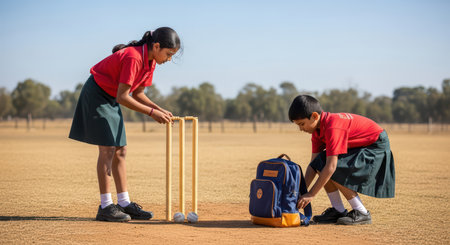 Young asian students setting up cricket game on school fieldの素材
