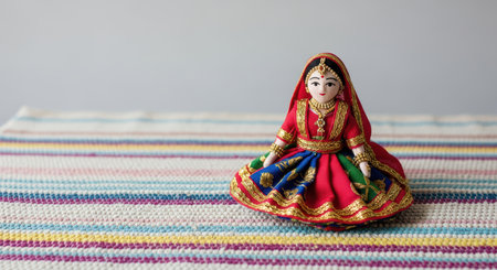 Traditional indian doll in red and blue attire on striped blanketの素材