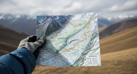 Gloved hand holding map of roopkund trek with mountainous landscapeの素材