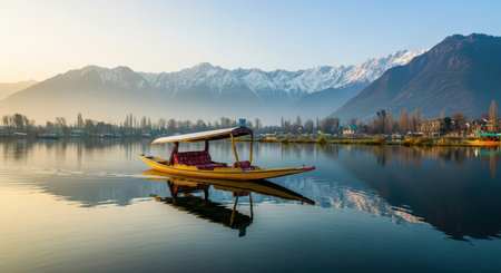 Serene boat ride on dal lake with majestic himalayan backdrop at sunriseの素材